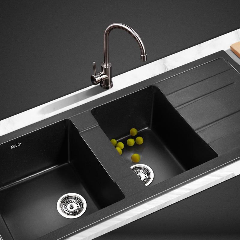 Stone Kitchen Sink 1160X500MM Granite Under/Topmount Basin Double Bowl Black