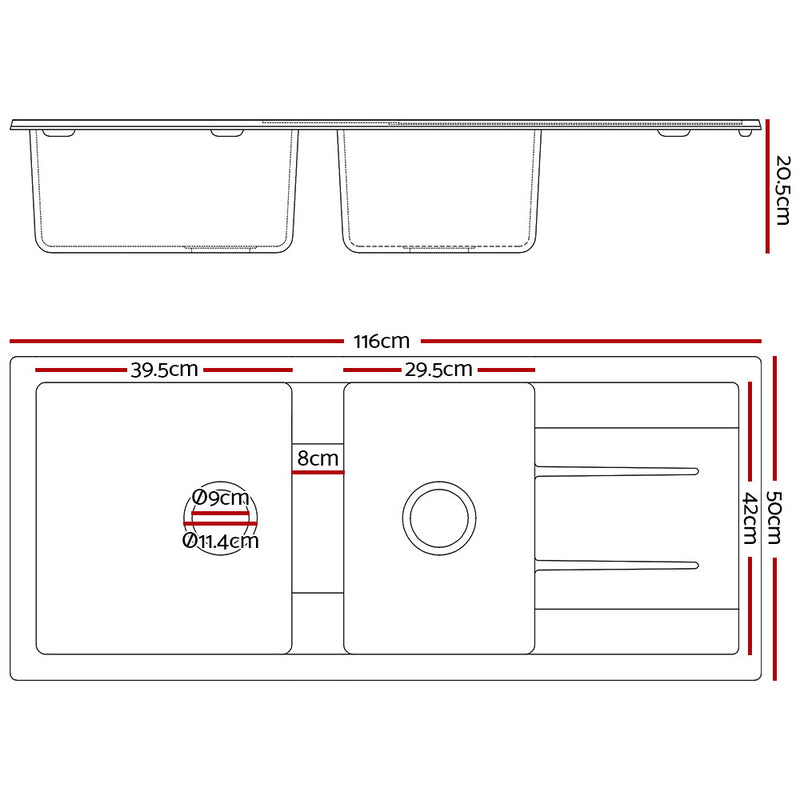 Stone Kitchen Sink 1160X500MM Granite Under/Topmount Basin Double Bowl White