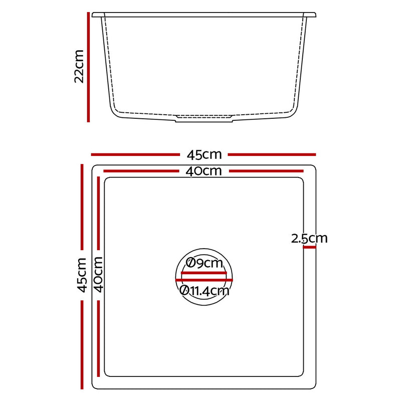 Stone Kitchen Sink 450X450MM Granite Under/Topmount Basin Bowl Laundry Black