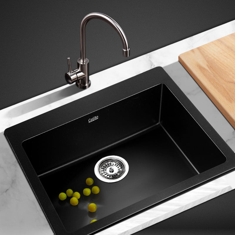 Stone Kitchen Sink 570x500MM Granite Under or Topmount Basin Bowl Laundry Black