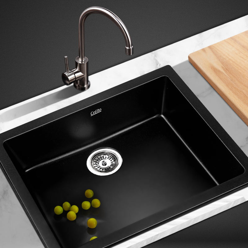 Stone Kitchen Sink 610X470MM Granite Under/Topmount Basin Bowl Laundry Black