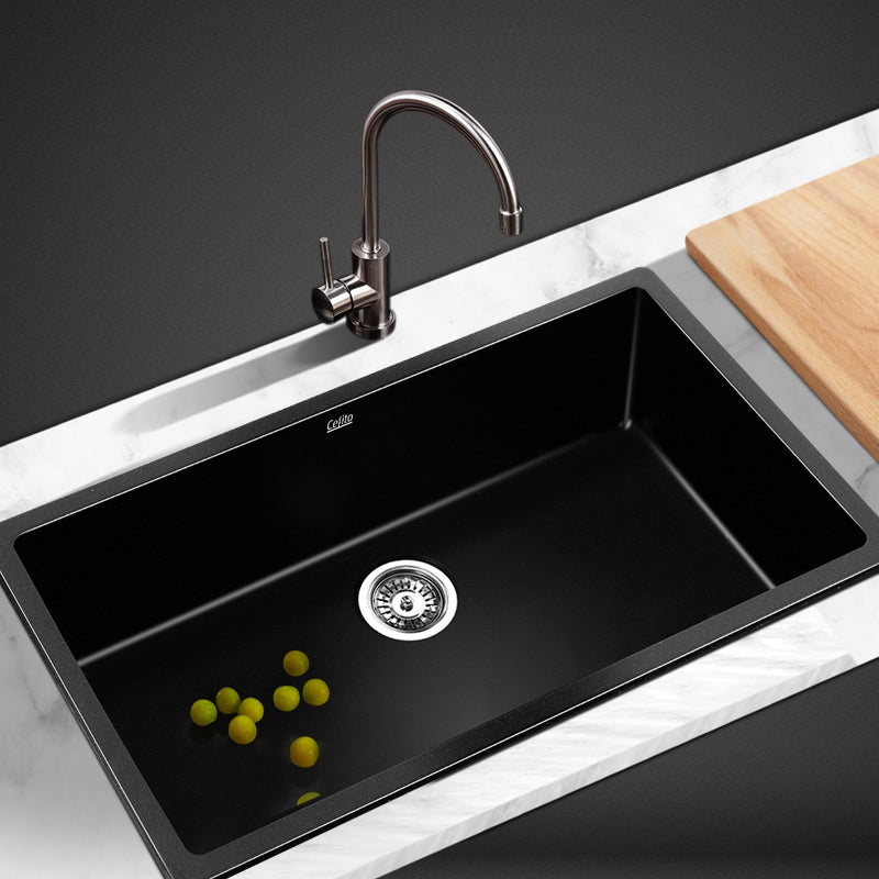 Stone Kitchen Sink 790X450MM Granite Under/Topmount Basin Bowl Laundry Black