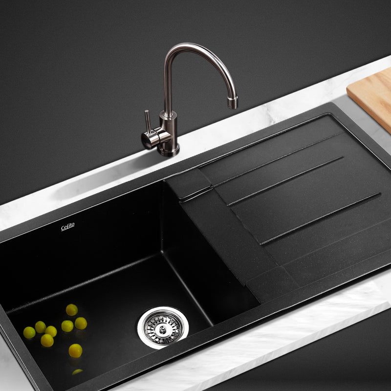 Stone Kitchen Sink 860X500MM Granite Under/Topmount Basin Bowl Laundry Black