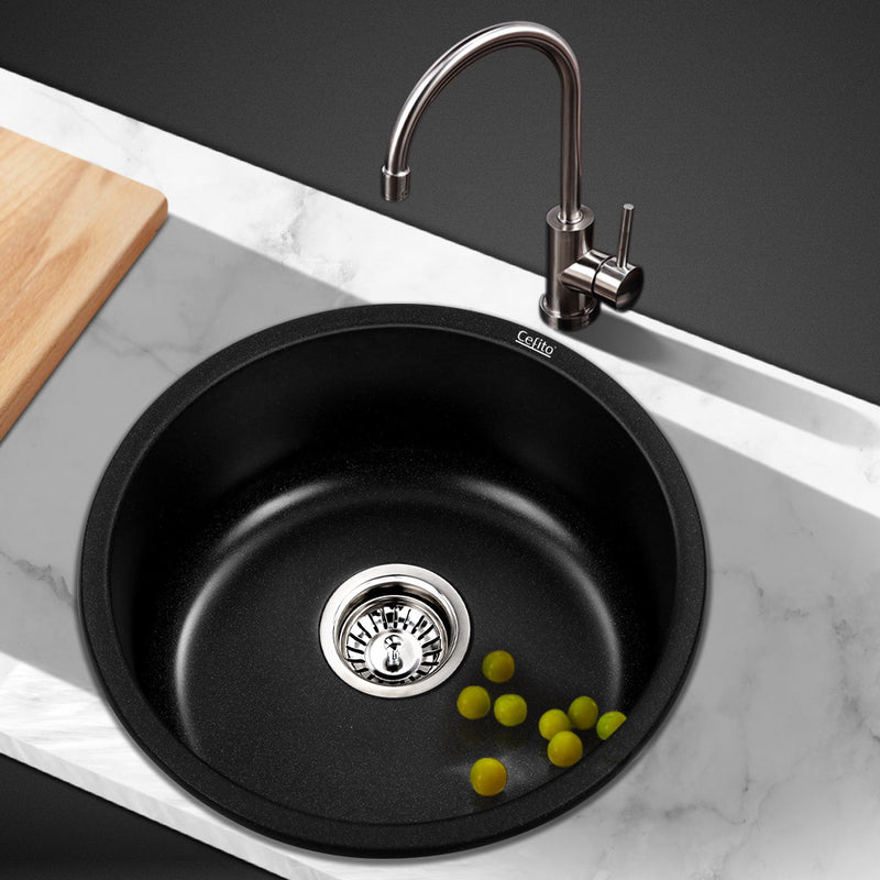 Stone Kitchen Sink Round 430MM Granite Under/Topmount Basin Bowl Laundry Black