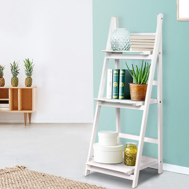 Display Shelf 3 Tier Wooden Ladder Stand Storage Book Shelves Rack White