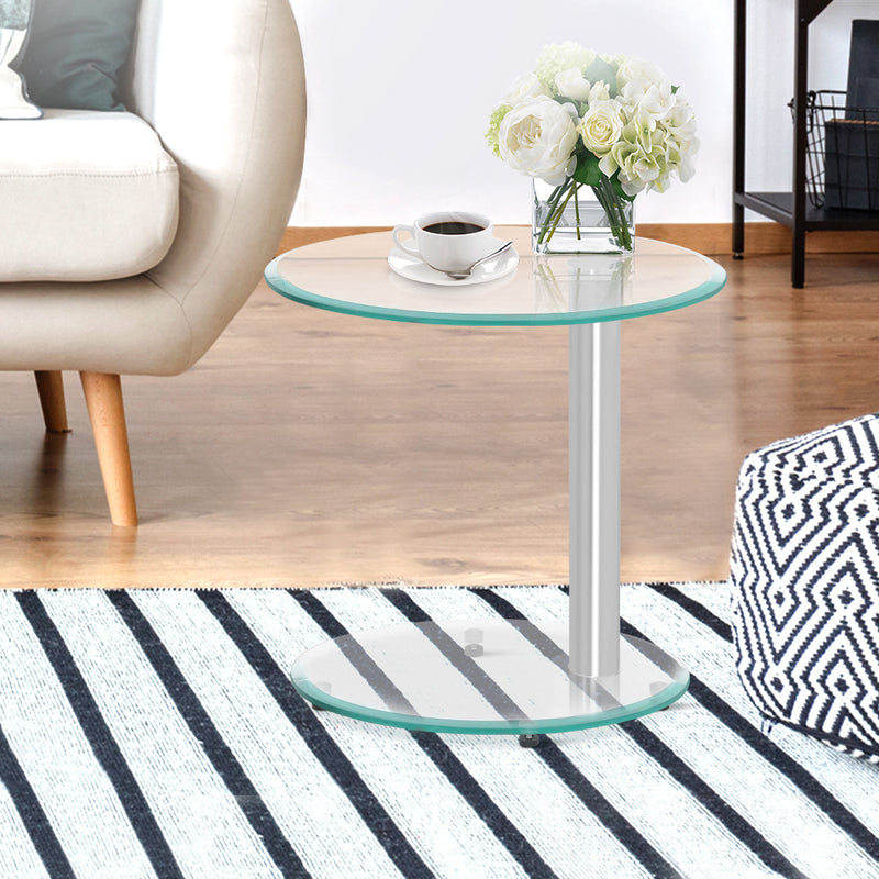 Side Coffee Table Bedside Furniture Oval Tempered Glass Top 2 Tier