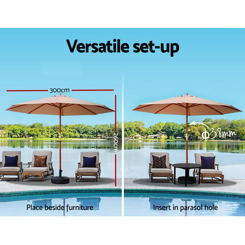 Outdoor Umbrella Pole Umbrellas 3M with Base Garden Stand Deck Beige