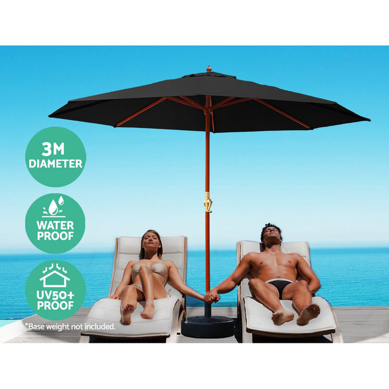 3M Umbrella with Base Outdoor Pole Umbrellas Garden Stand Deck Black