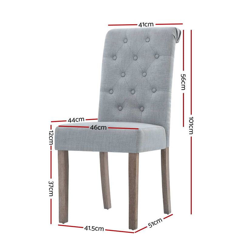 2x Dining Chairs French Provincial Kitchen Cafe Fabric Padded High Back Pine Wood Light Grey