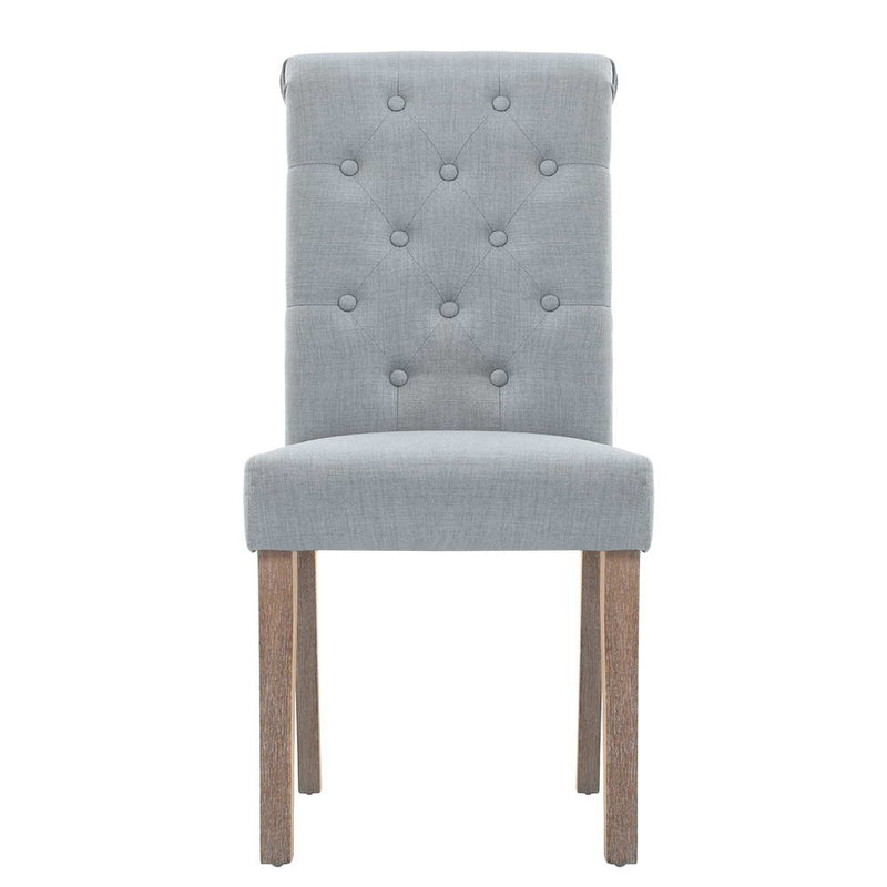 2x Dining Chairs French Provincial Kitchen Cafe Fabric Padded High Back Pine Wood Light Grey