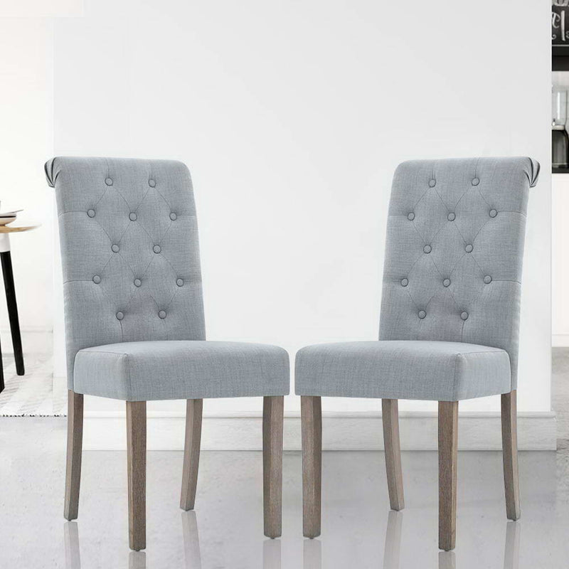 2x Dining Chairs French Provincial Kitchen Cafe Fabric Padded High Back Pine Wood Light Grey