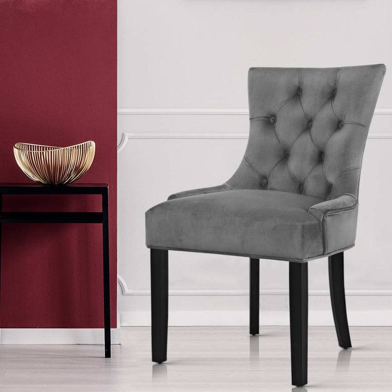 Set of 2 Dining Chairs French Provincial Retro Chair Wooden Velvet Fabric Grey