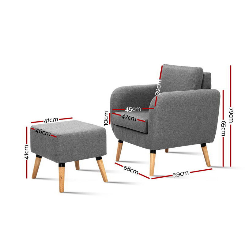 Lounge Chair Armchair with Ottoman Tub Accent Sofa Linen Fabric Grey