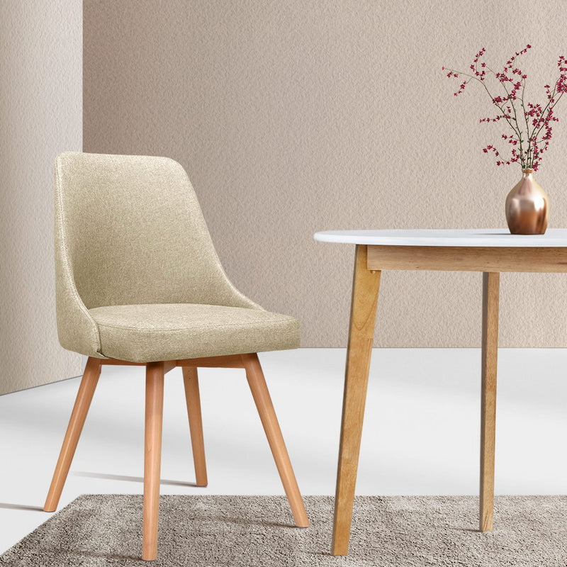 Set of 2 Replica Dining Chairs Beech Wooden Timber Chair Kitchen Fabric Beige