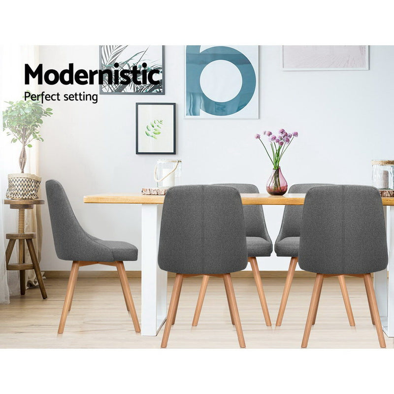 Set of 2 Replica Dining Chairs Beech Wooden Timber Chair Kitchen Fabric Grey