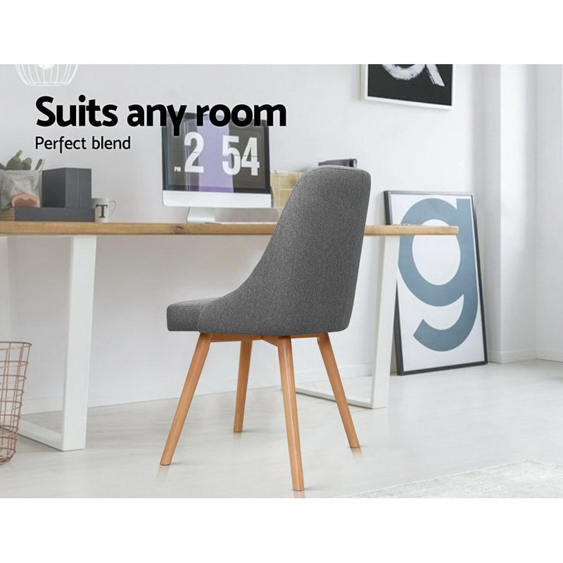Set of 2 Replica Dining Chairs Beech Wooden Timber Chair Kitchen Fabric Grey
