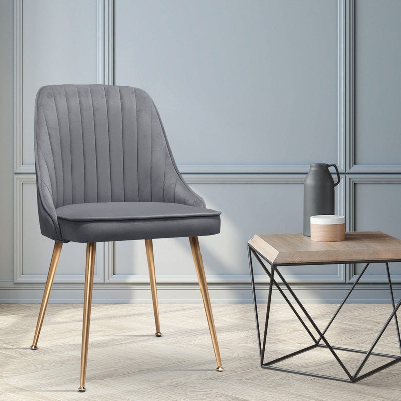 Set of 2 Dining Chairs Retro Chair Cafe Kitchen Modern Iron Legs Velvet Grey
