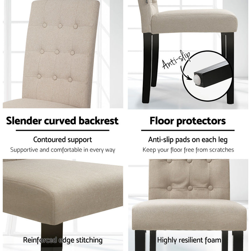 Set of 2 DONA Dining Chair Fabric Foam Padded High Back Wooden Kitchen Beige