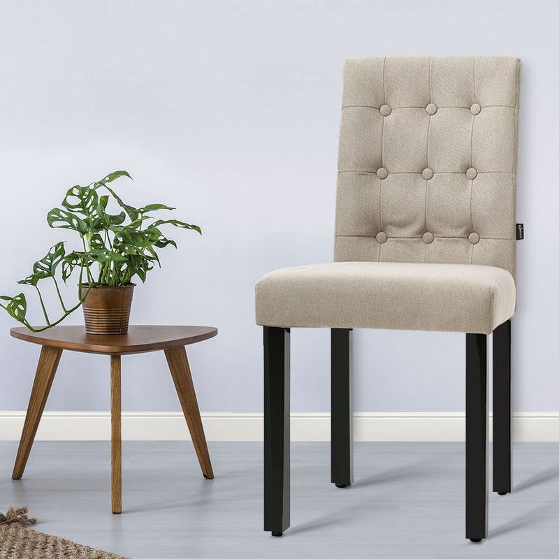Set of 2 DONA Dining Chair Fabric Foam Padded High Back Wooden Kitchen Beige