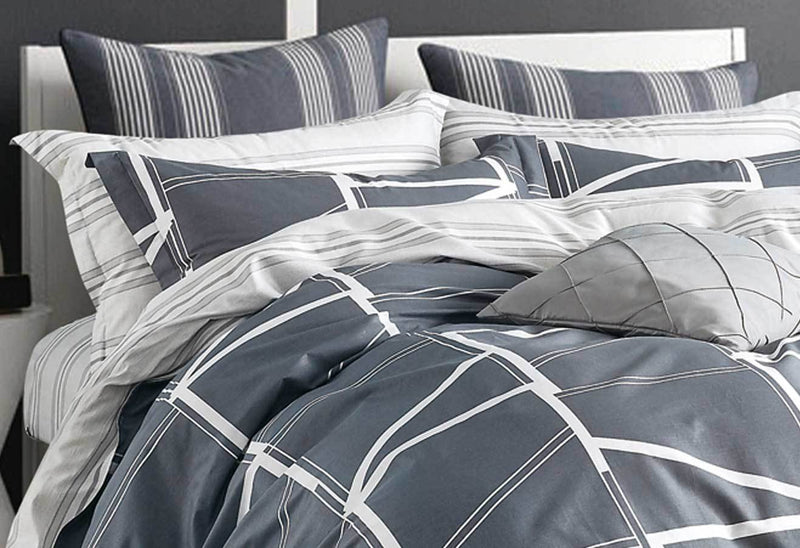 King Size Cotton Geometic Navy Blue Quilt Cover Set (3PCS)