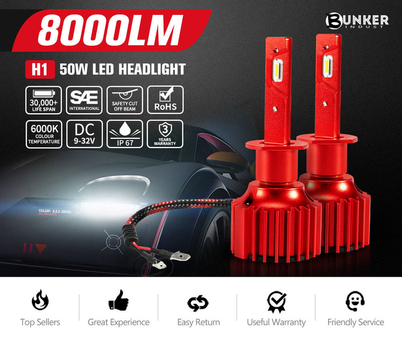 BUNKER INDUST H1 LED Headlight Kit 50W 8000LM Globe Bulbs High Or Low Beam White