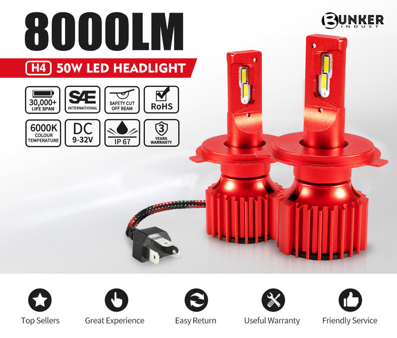 H4 LED Headlight Kit 50W 8000LM Globe Bulbs White High/Low Beam