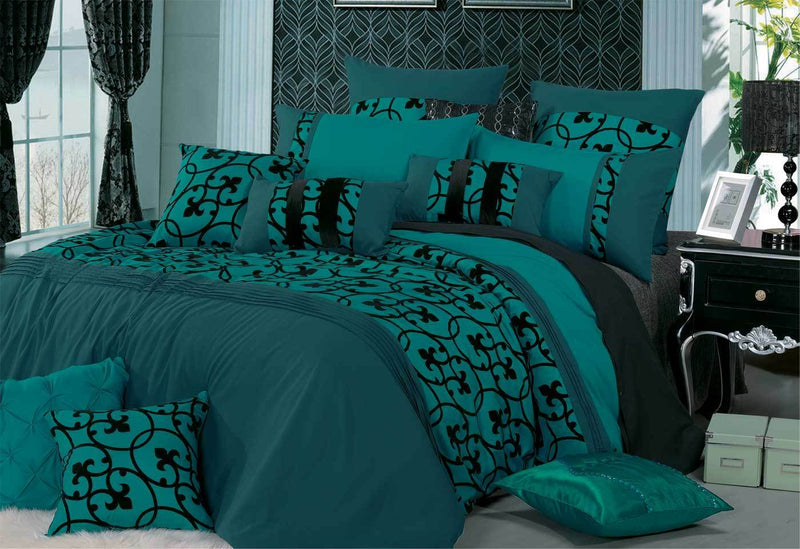 Super King Size Lyde Teal Black Flocking Quilt Cover Set(3PCS)