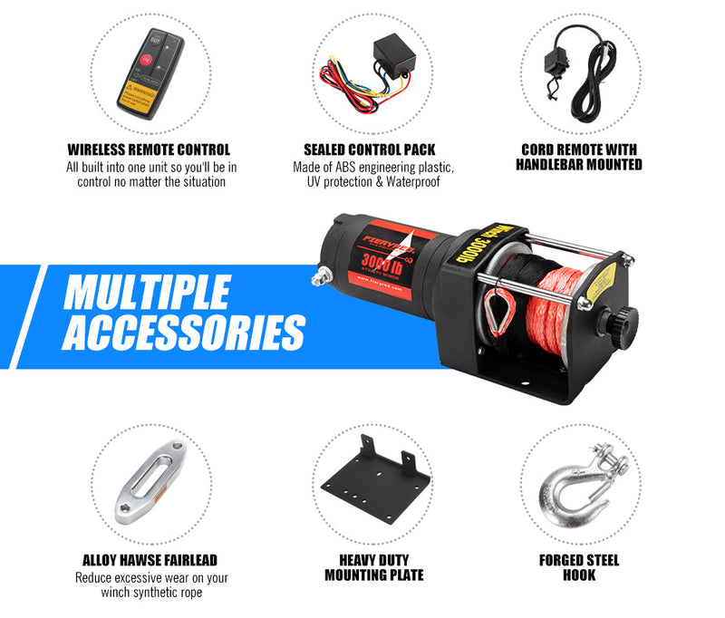 Fieryred 3000Lbs/1361Kg Wireless 12V Electric Winch Synthetic Rope Boat Atv 4WD