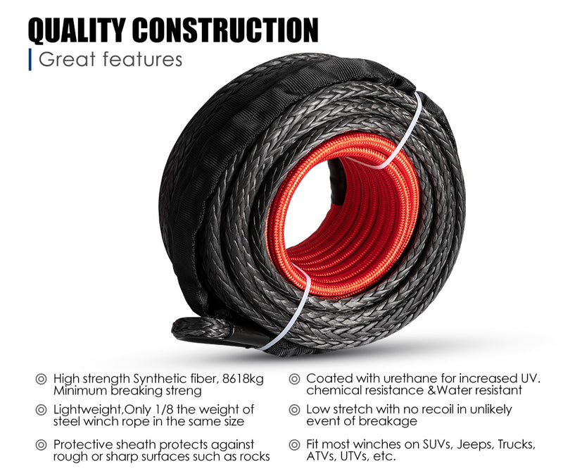 Winch Rope 10mm x 26m Dyneema SK75 Synthetic Rope Tow Recovery for WARN Offroad